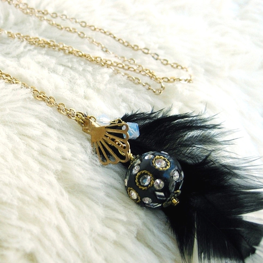 Black Feather Necklace with Gold Chain & Brass Fan Charm Swarovski Crystal Jewel
